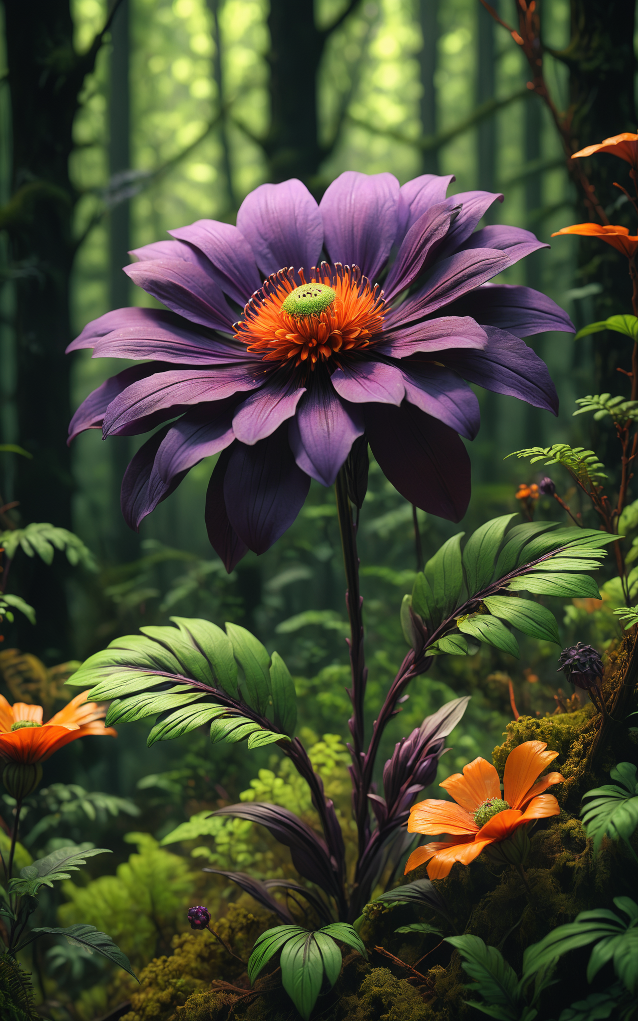 08910-2787752106-A beautiful purple flower in a dark forest, in the style of hyper-realistic sculptures, dark orange and green, post-apocalyptic.png